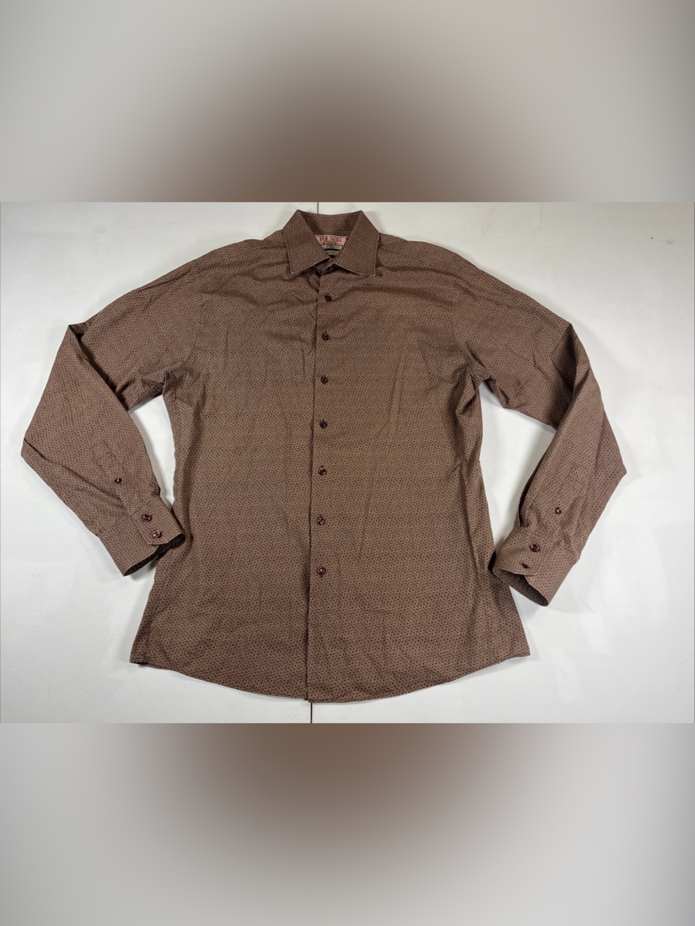Thomas Pink Slim Fit Cotton Dress Shirt Mens 16.5 34/35 Pattern Brown